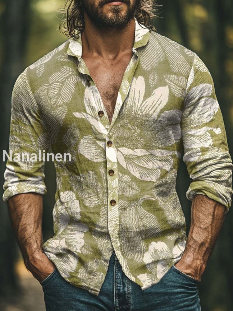 Men’s Boho Style Floral Print Art Casual Cotton Shirt Colorful / S