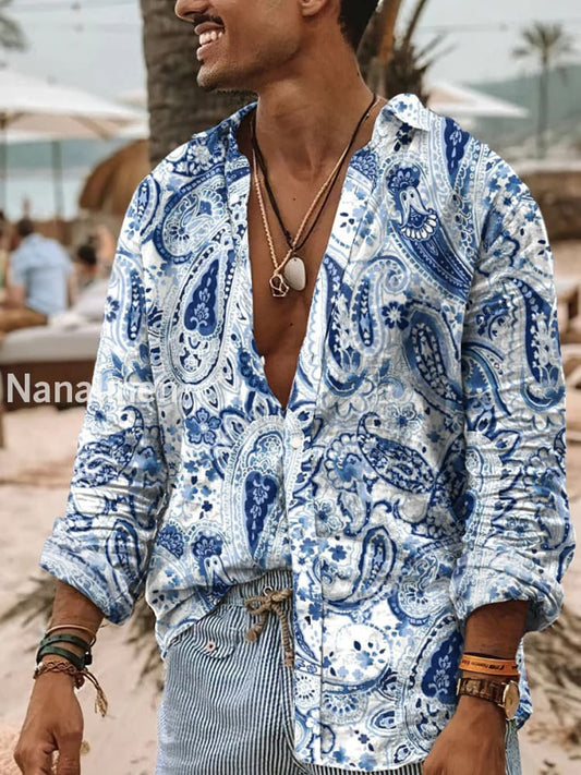 Men’s Boho Style Floral Print Art Casual Cotton Shirt Colorful / S