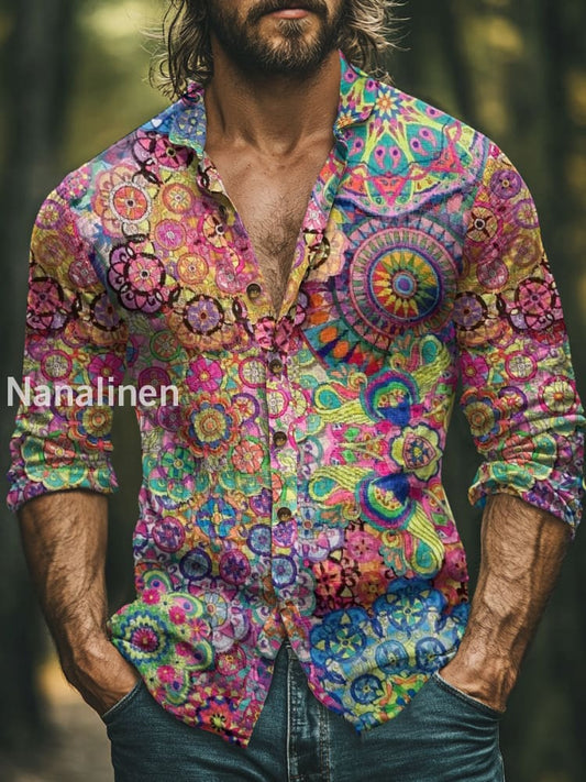 Men’s Boho Style Floral Print Art Casual Cotton Shirt Colorful / S