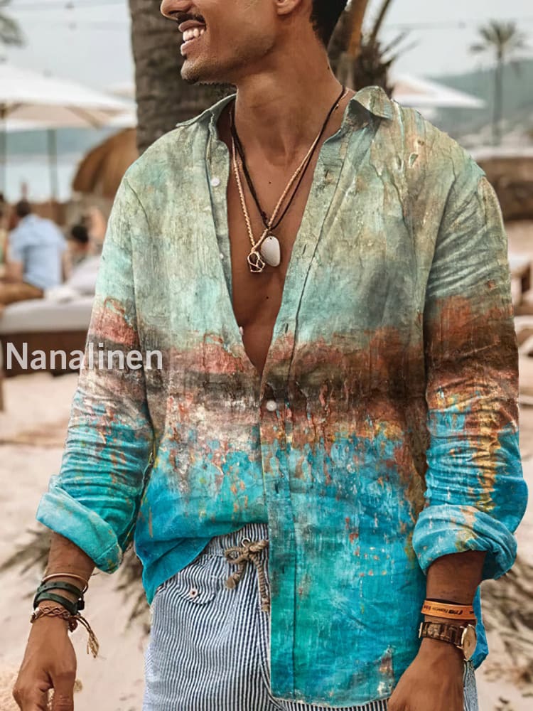 Men’s Boho Style Floral Print Art Casual Cotton Shirt Colorful / S