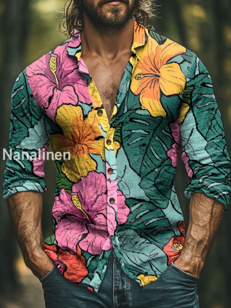Men’s Boho Style Floral Print Art Casual Cotton Shirt Colorful / S