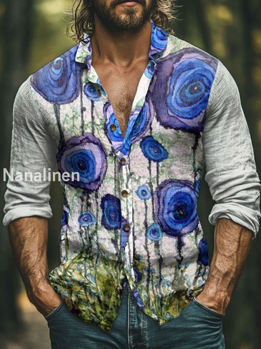Men’s Boho Style Floral Print Art Casual Cotton Shirt Colorful / S