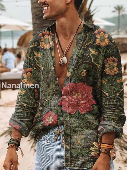 Men’s Boho Style Floral Print Art Casual Cotton Shirt Colorful / S