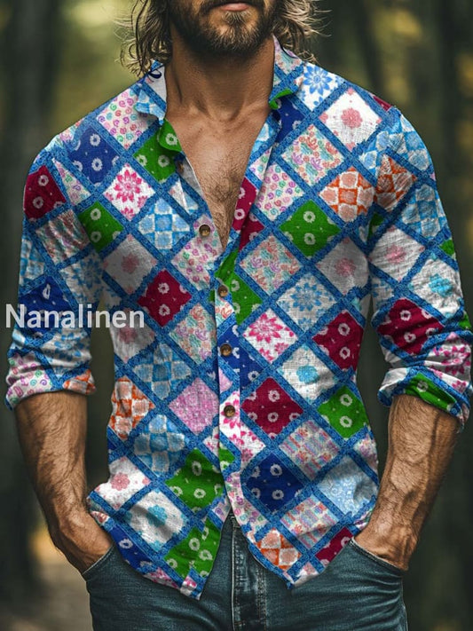 Men’s Boho Style Floral Print Art Casual Cotton Shirt Colorful / S