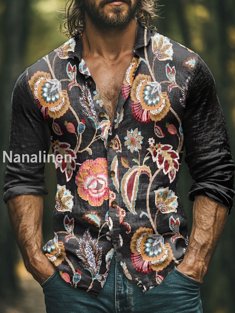 Men’s Boho Style Floral Print Art Casual Cotton Shirt Colorful / S