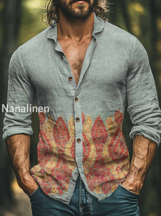 Men’s Boho Style Floral Print Art Casual Cotton Shirt Colorful / S