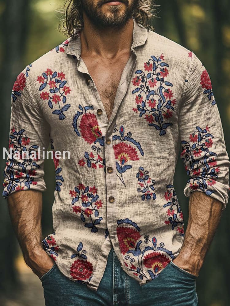 Men’s Boho Style Floral Print Art Casual Cotton Shirt Colorful / S