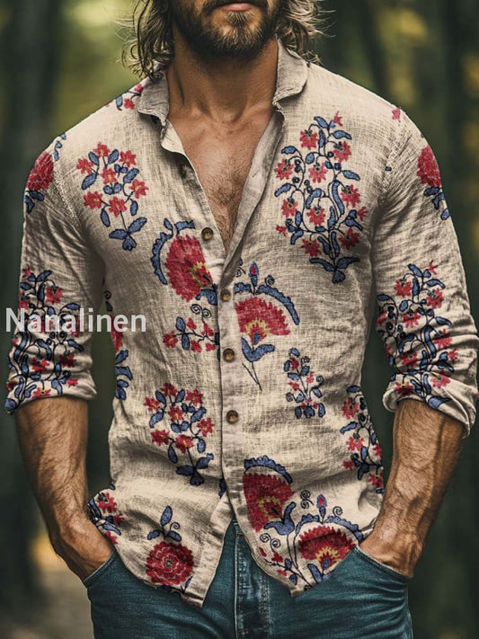 Men’s Boho Style Floral Print Art Casual Cotton Shirt Colorful / S