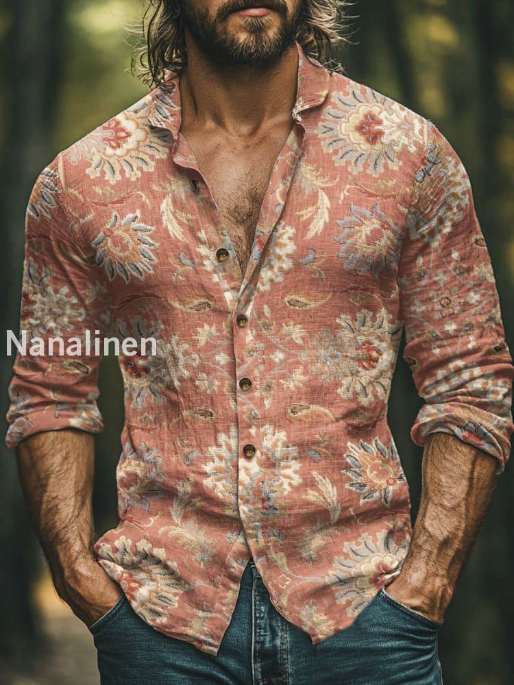 Men’s Boho Style Floral Print Art Casual Cotton Shirt Colorful / S