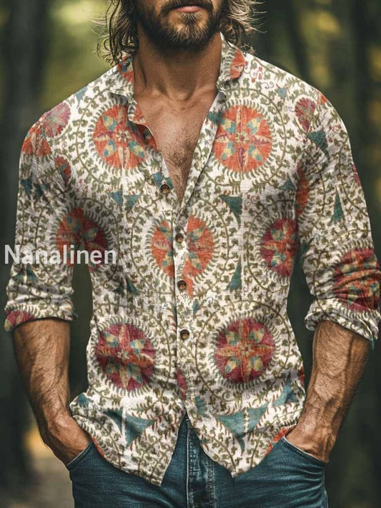 Men’s Boho Style Floral Print Art Casual Cotton Shirt Colorful / S