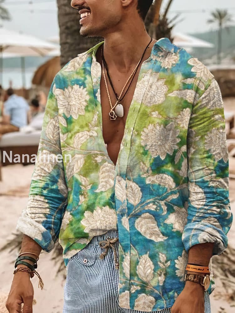 Men’s Boho Style Floral Print Art Casual Cotton Shirt Colorful / S