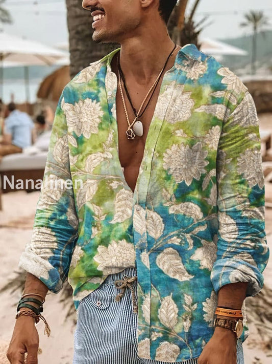 Men’s Boho Style Floral Print Art Casual Cotton Shirt Colorful / S