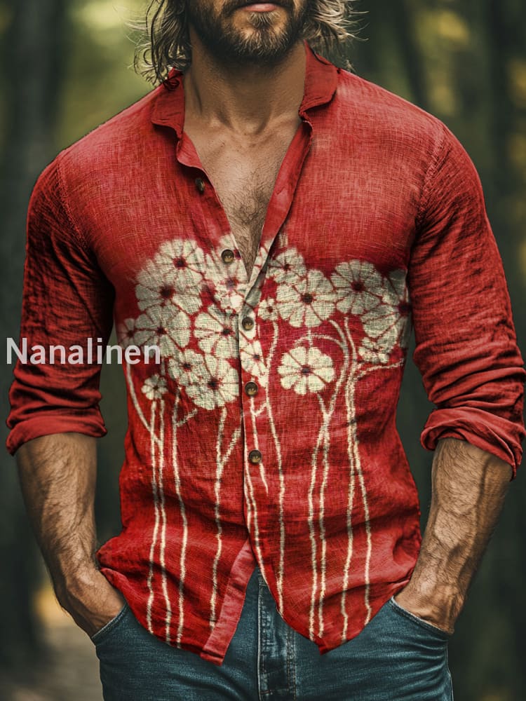 Men’s Boho Style Floral Print Art Casual Cotton Shirt Colorful / S
