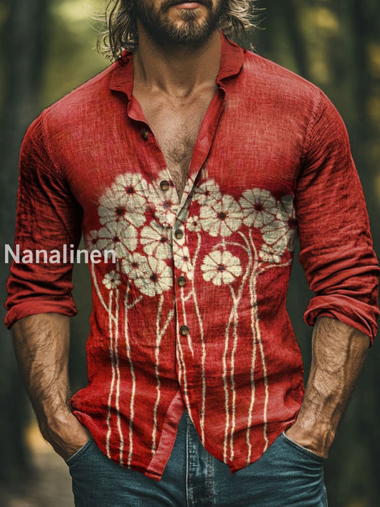 Men’s Boho Style Floral Print Art Casual Cotton Shirt Colorful / S