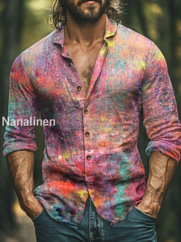 Men’s Boho Style Floral Print Art Casual Cotton Shirt Colorful / S