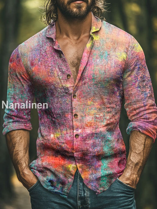 Men’s Boho Style Floral Print Art Casual Cotton Shirt Colorful / S