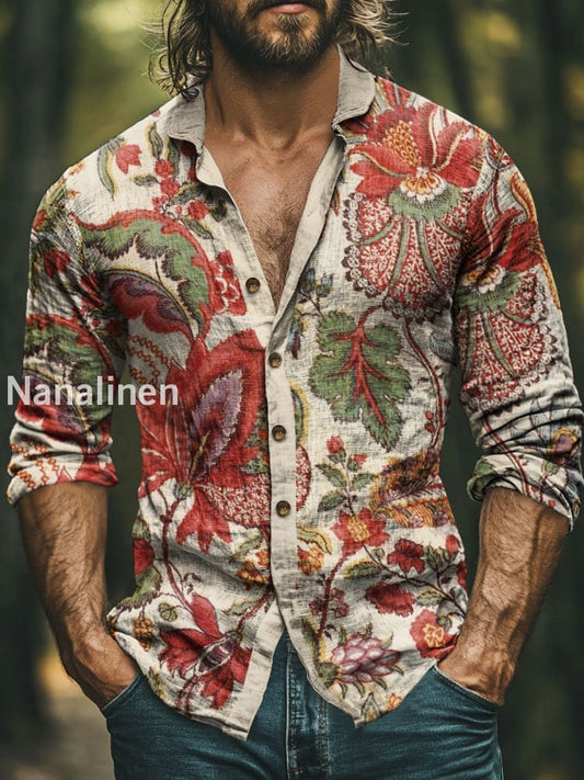 Men’s Boho Style Floral Print Art Casual Cotton Shirt Colorful / S