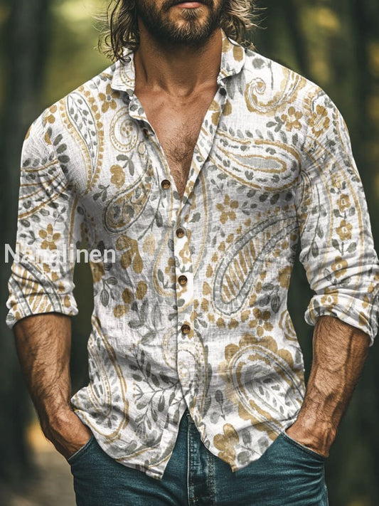 Men’s Boho Style Floral Print Art Casual Cotton Shirt Colorful / S