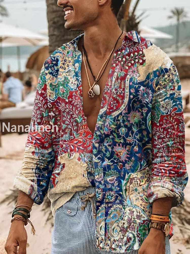 Men’s Boho Style Floral Print Art Casual Cotton Shirt Colorful / S