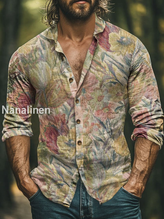 Men’s Boho Style Floral Print Art Casual Cotton Shirt Colorful / S