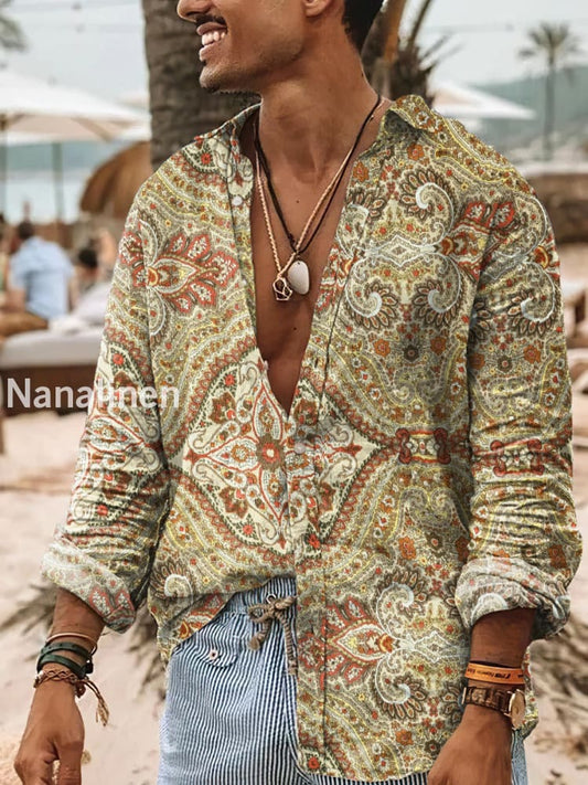 Men’s Boho Style Floral Print Art Casual Cotton Shirt Colorful / S