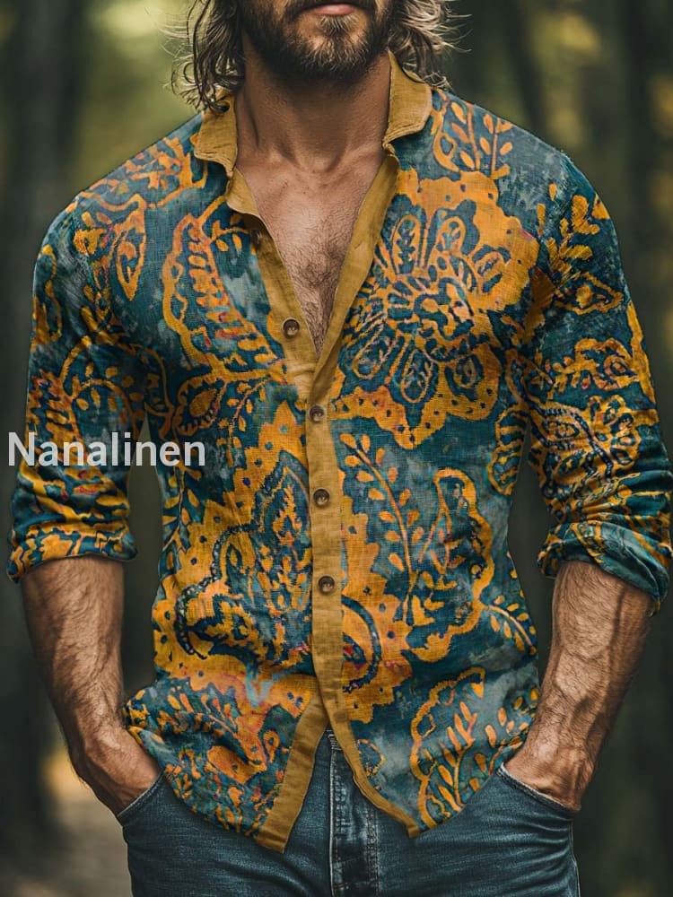 Men’s Boho Style Floral Print Art Casual Cotton Shirt Colorful / S
