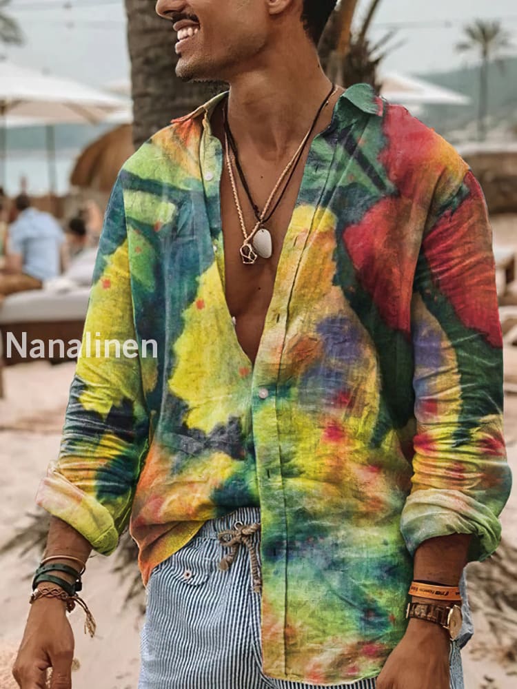 Men’s Boho Style Floral Print Art Casual Cotton Shirt Colorful / S