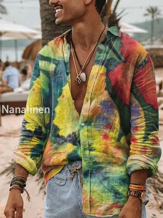 Men’s Boho Style Floral Print Art Casual Cotton Shirt Colorful / S