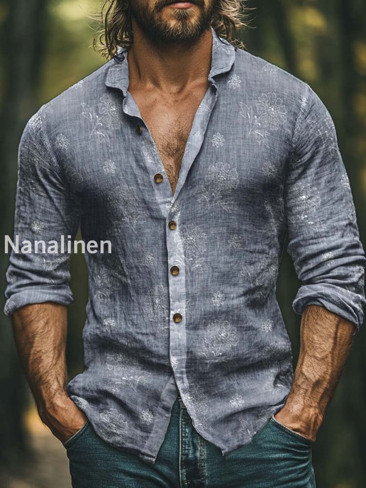 Men’s Boho Style Floral Print Art Casual Cotton Shirt Colorful / S