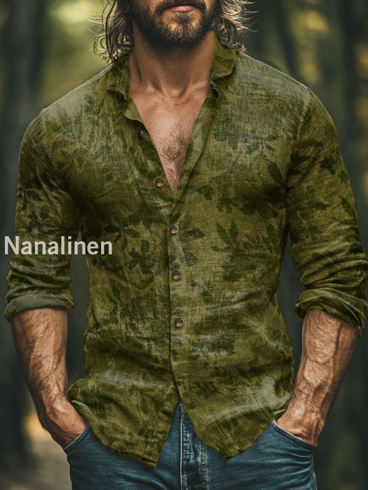 Men’s Boho Style Floral Print Art Casual Cotton Shirt Dark Green / S