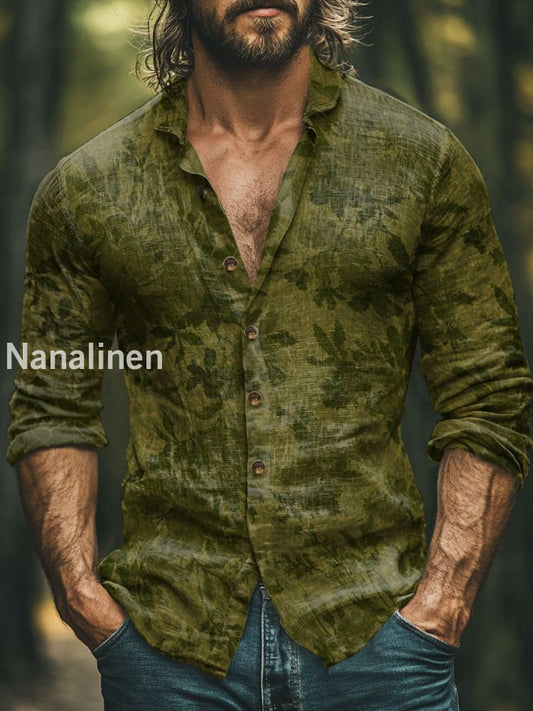 Men’s Boho Style Floral Print Art Casual Cotton Shirt Dark Green / S