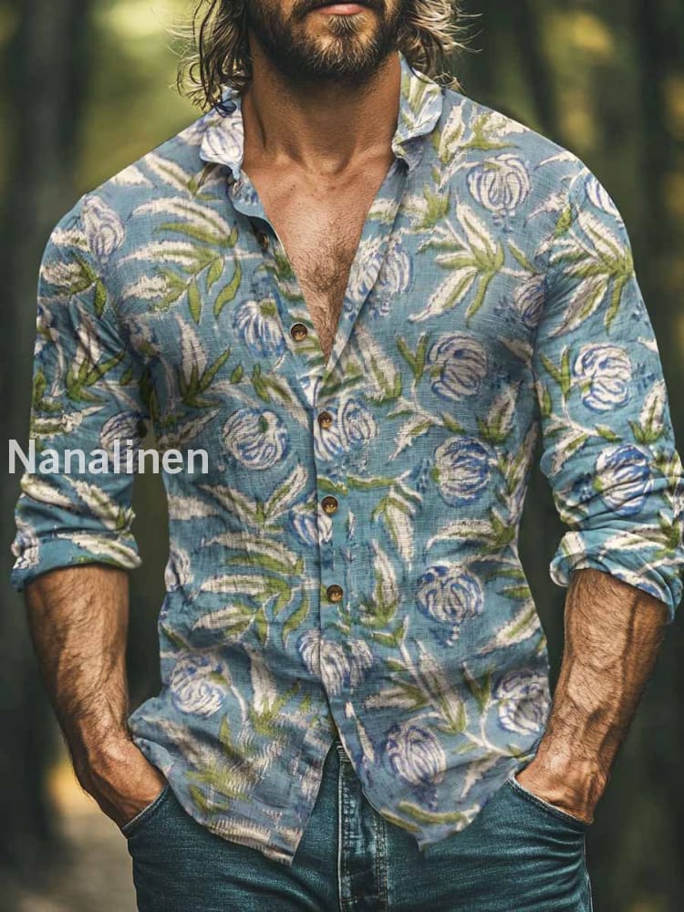 Men’s Boho Style Floral Print Art Casual Cotton Shirt Light Blue / S