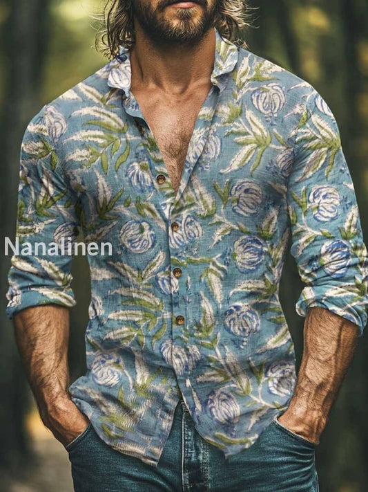 Men’s Boho Style Floral Print Art Casual Cotton Shirt Light Blue / S