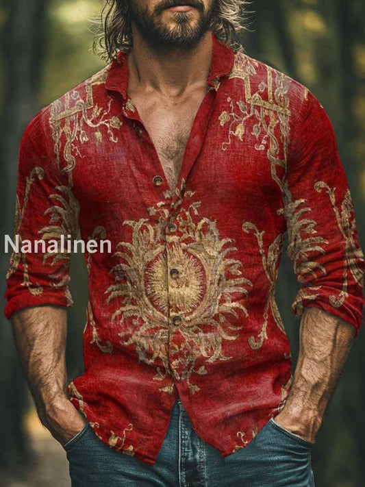 Men’s Boho Style Floral Print Art Casual Cotton Shirt Red / S