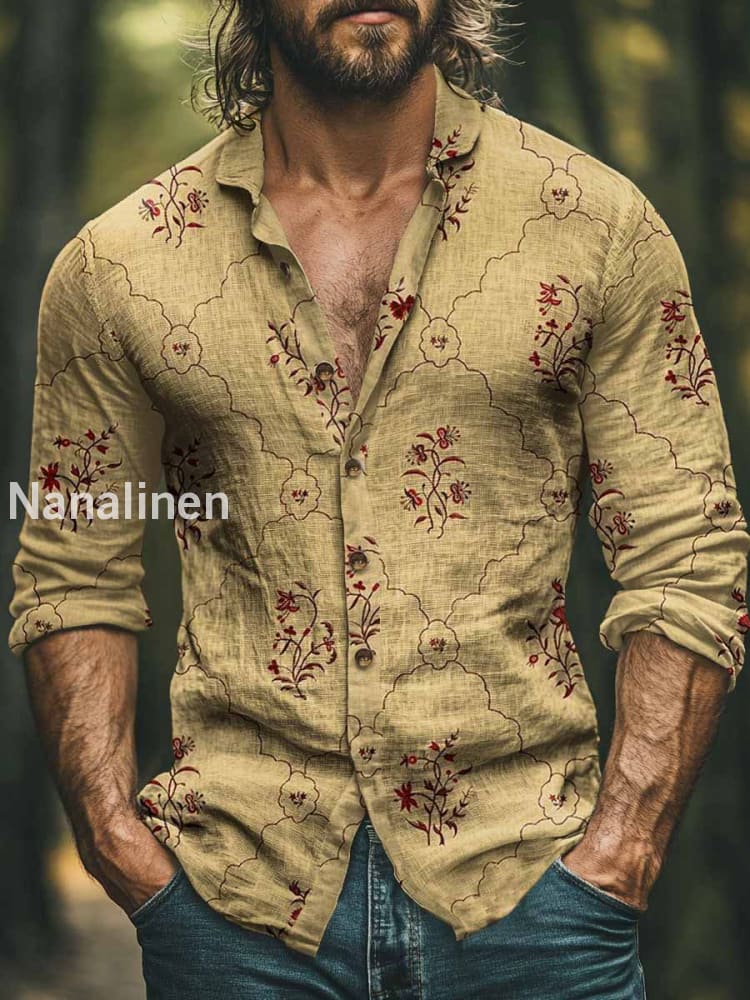 Men’s Boho Style Floral Print Art Casual Cotton Shirt Yellow / S