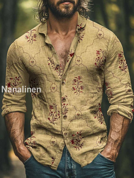 Men’s Boho Style Floral Print Art Casual Cotton Shirt Yellow / S