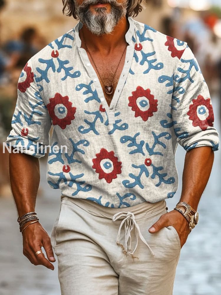 Men`s Boho Style Floral Print Cotton Casual Long Sleeve Shirt Colorful / S