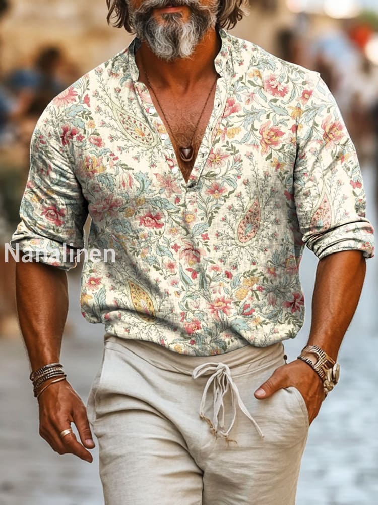 Men`s Boho Style Floral Print Cotton Casual Long Sleeve Shirt Colorful / S