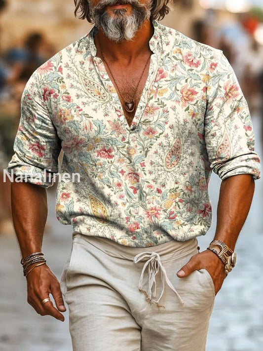 Men`s Boho Style Floral Print Cotton Casual Long Sleeve Shirt Colorful / S