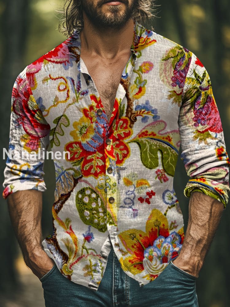 Men’s Boho Style Flowers Print Art Casual Cotton Shirt Colorful / S