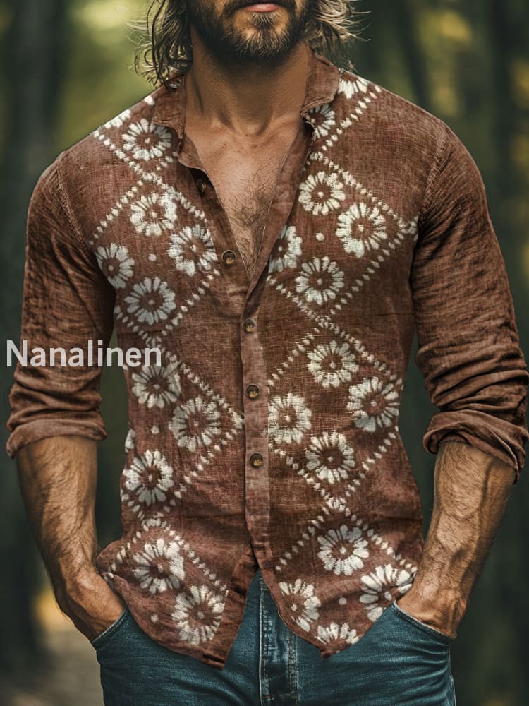 Men’s Boho Style Flowers Print Art Casual Cotton Shirt Colorful / S