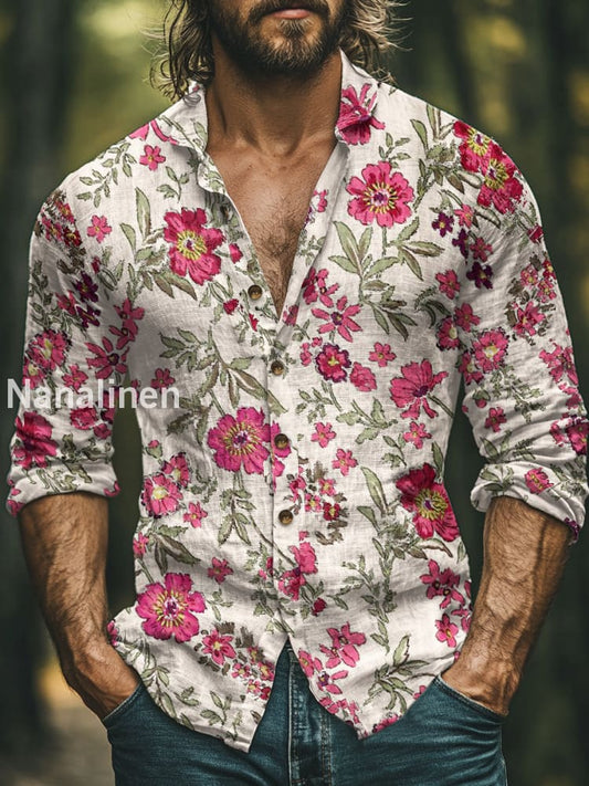 Men’s Boho Style Flowers Print Art Casual Cotton Shirt Colorful / S