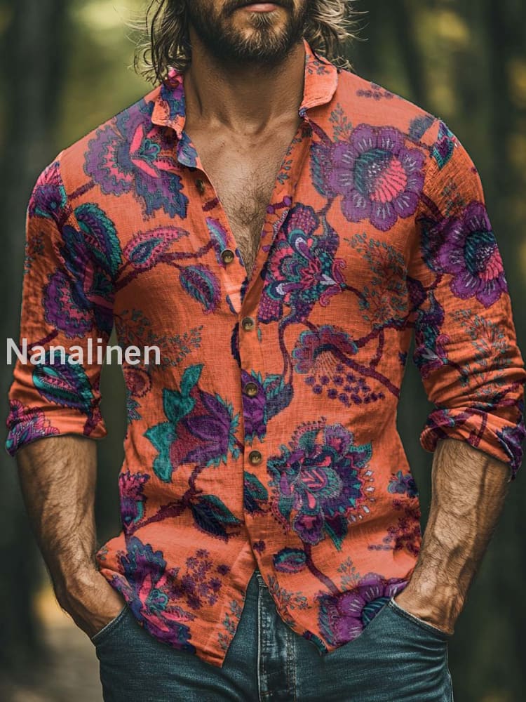 Men’s Boho Style Flowers Print Art Casual Cotton Shirt Colorful / S