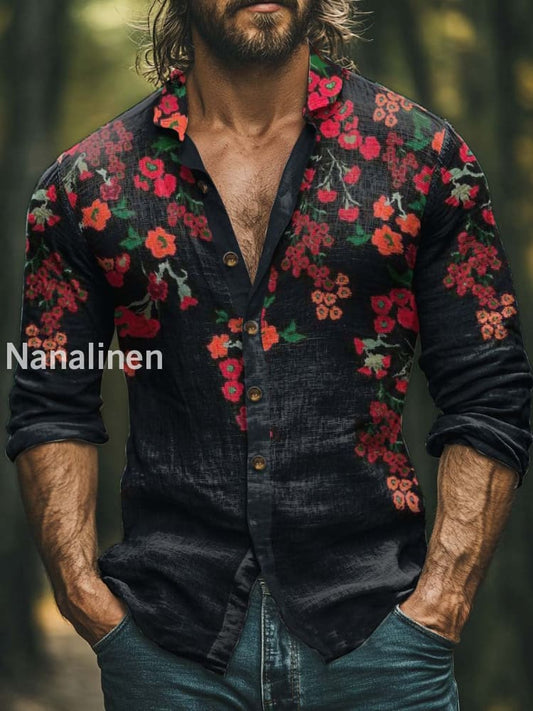 Men’s Boho Style Flowers Print Art Casual Cotton Shirt Colorful / S