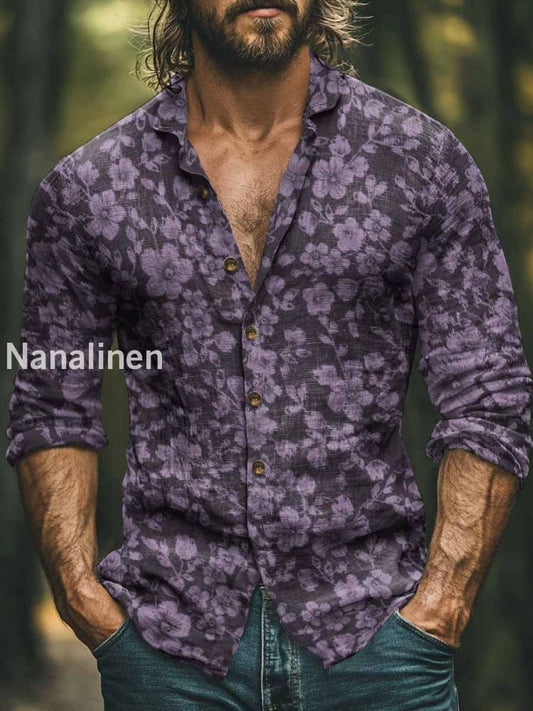 Men’s Boho Style Flowers Print Art Casual Cotton Shirt Purple / S