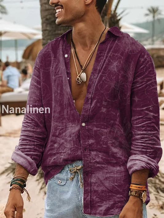 Men’s Boho Style Flowers Print Art Casual Cotton Shirt Purple / S