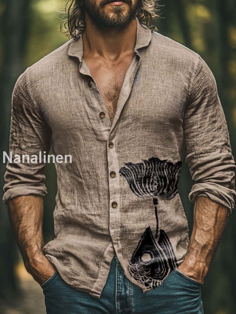 Men’s Boho Style Lotus And Fish Print Art Casual Cotton Shirt Colorful / S