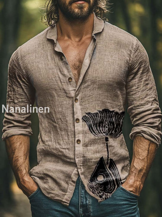 Men’s Boho Style Lotus And Fish Print Art Casual Cotton Shirt Colorful / S