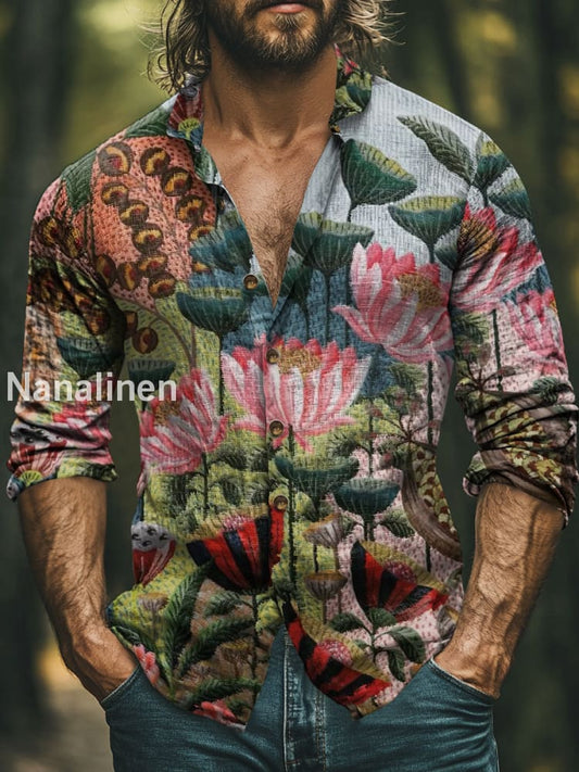 Men’s Boho Style Lotus Print Art Casual Cotton Shirt Colorful / S