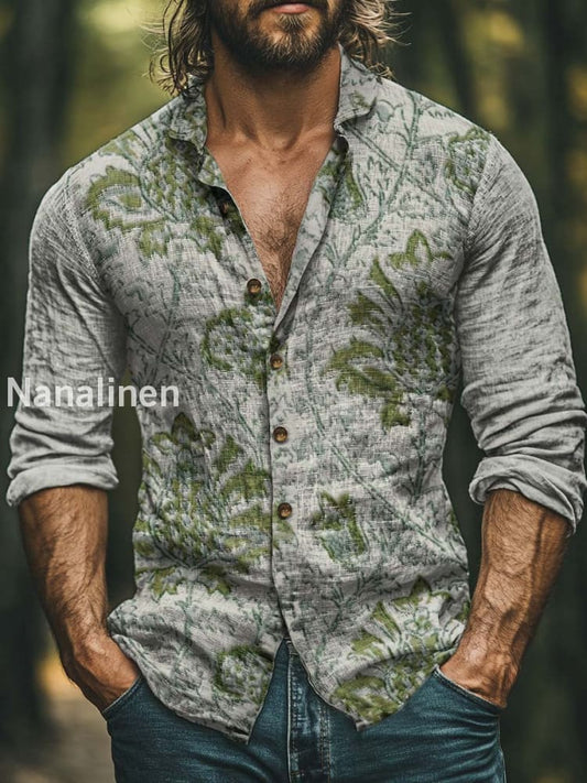 Men’s Boho Style Lotus Print Art Casual Cotton Shirt Colorful / S